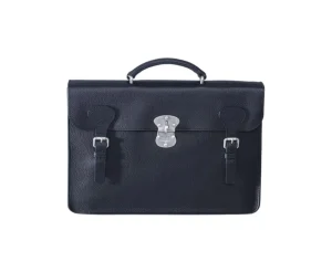 Bexley | Black Grained Straps Lock Brass Men'S Satchel Bag Black Grained Leather