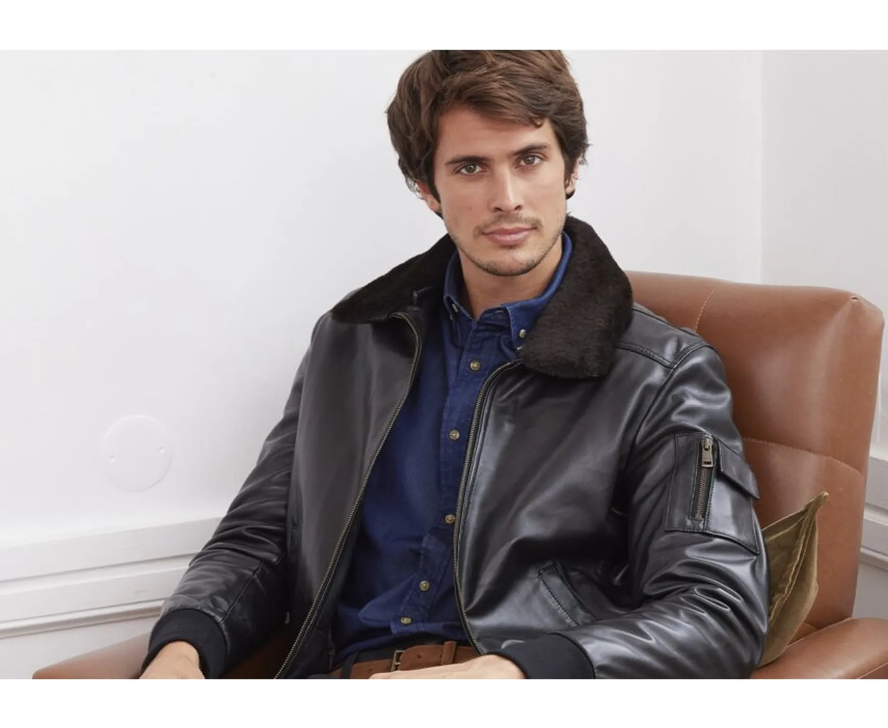 Bexley | Black Leather Aviator Jacket Everett Ii Blackblack With Black Waistband