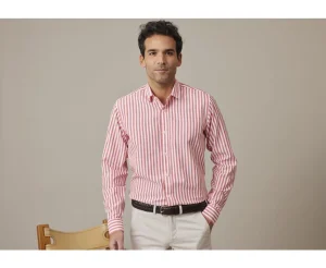 Bexley | Coral & White Striped Cotton Linen Shirt Simonin Coral And White