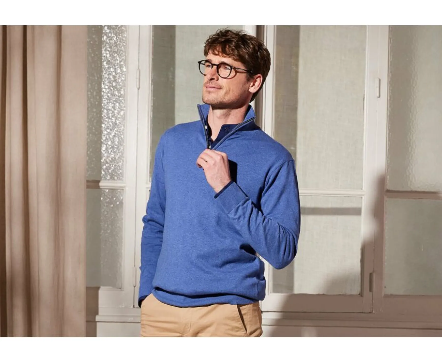 Bexley | Cotton/Cashmere Half-Zip Thin Jumper Vlad Middle Blue Melange