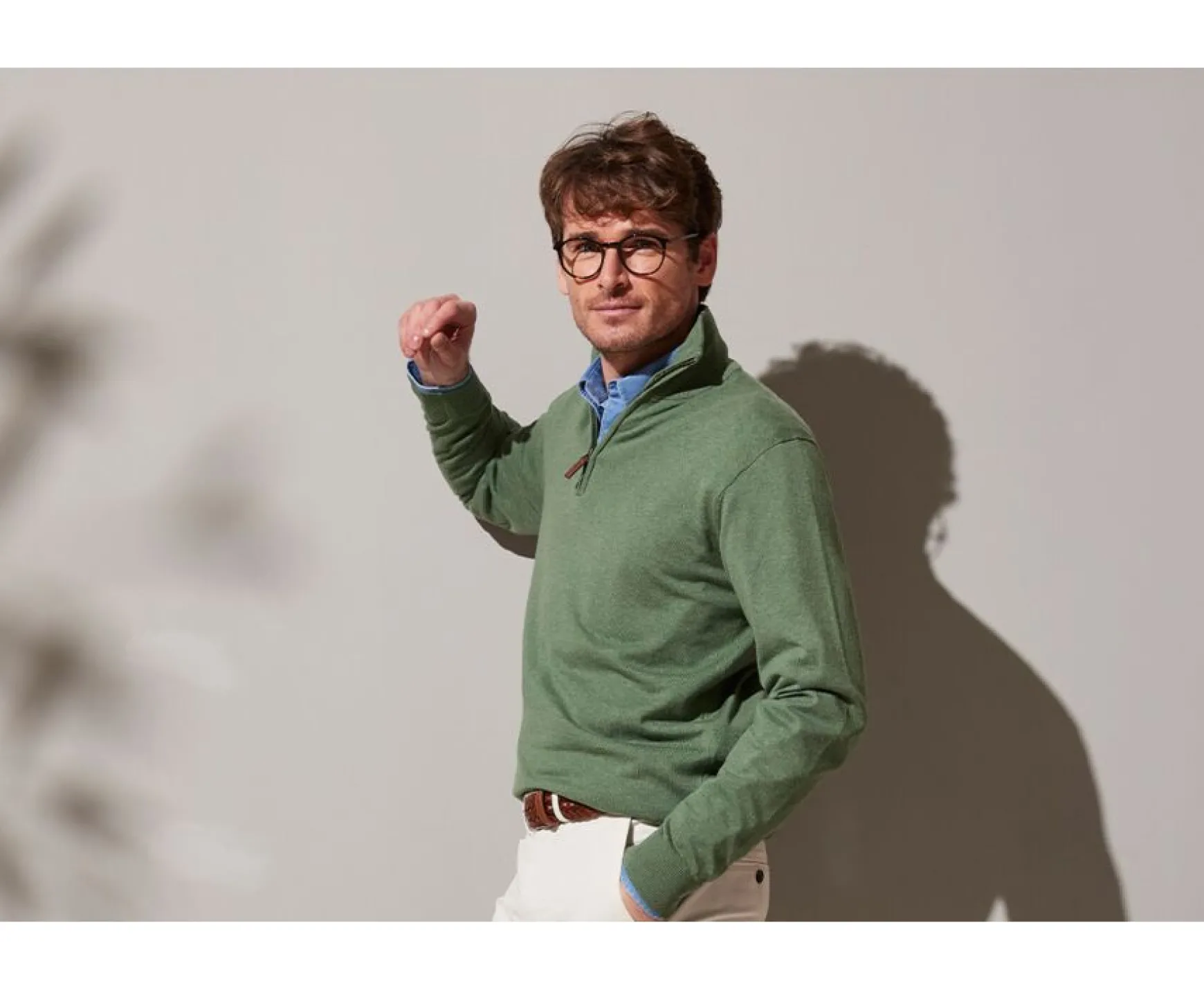 Bexley | Lime Green Cotton/Cashmere Half-Zip Thin Pullover Vlad Sage Green Melange