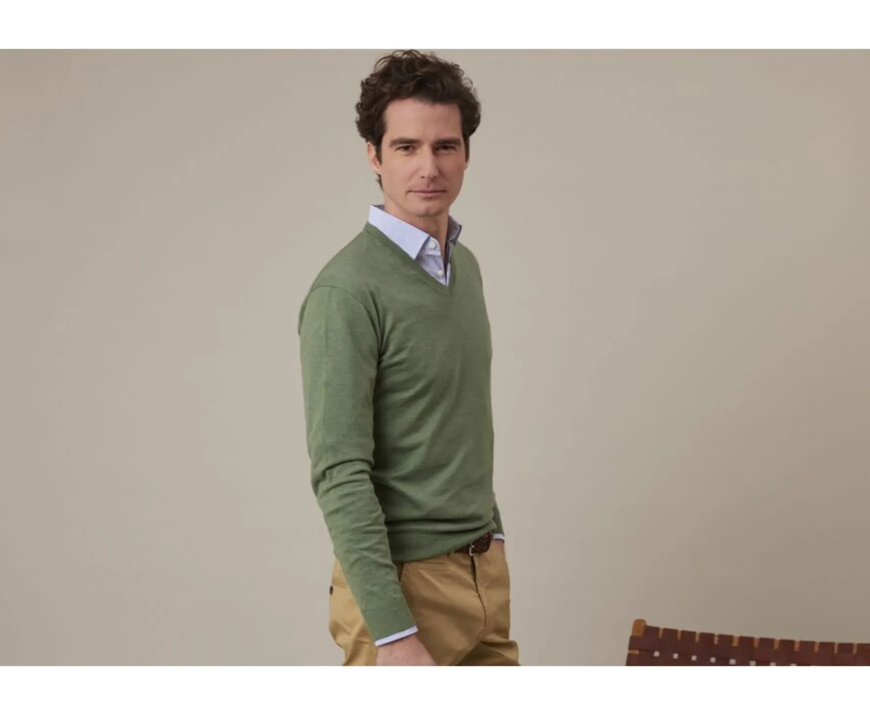 Bexley | Lime Green Melange Cotton/Cashmere Thin V-Neck Jumper Valton Sage Green Melange