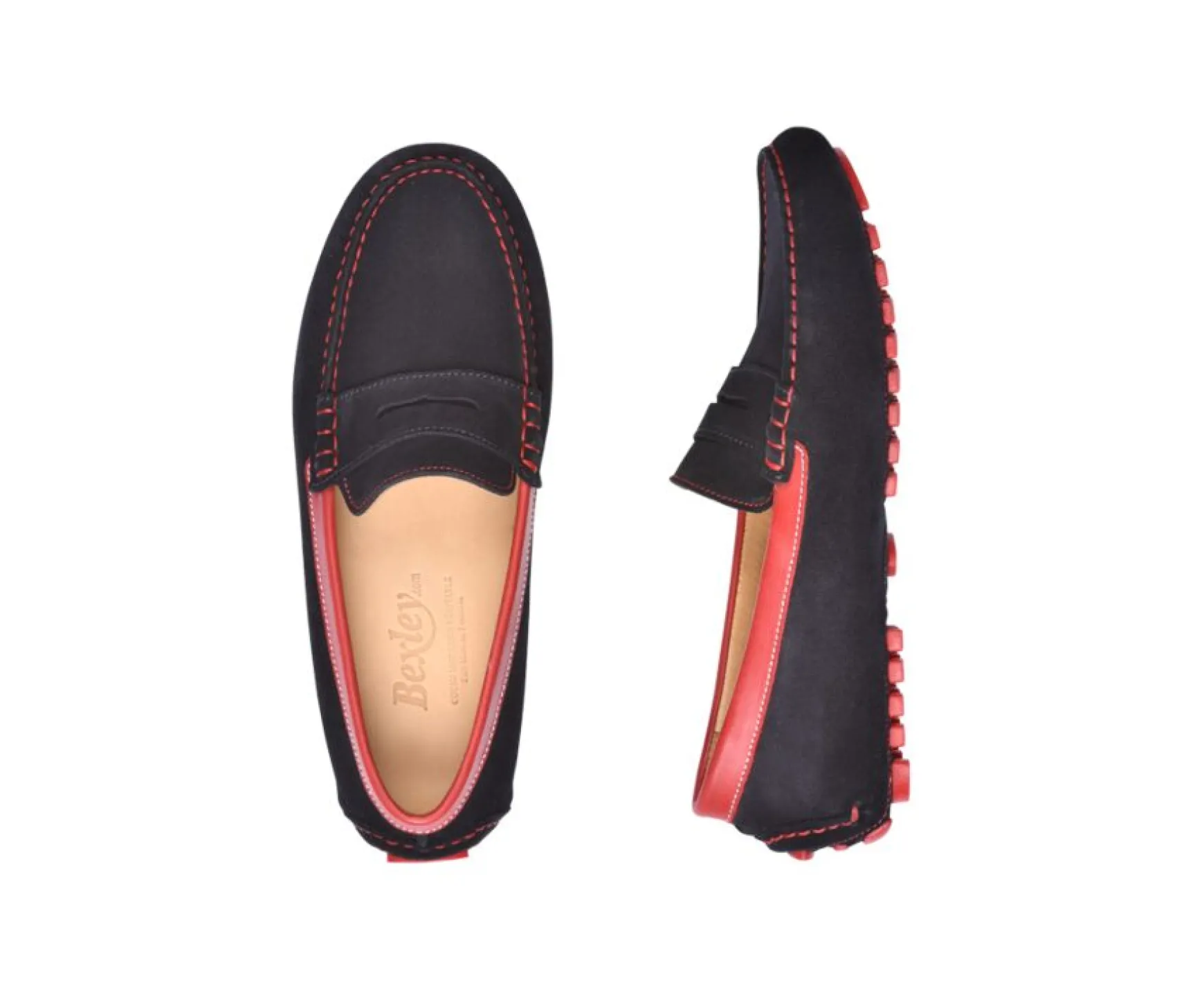 Bexley Moccasins | Men'S Driving Moccasins Ferguson Navy Suede And Red Leather