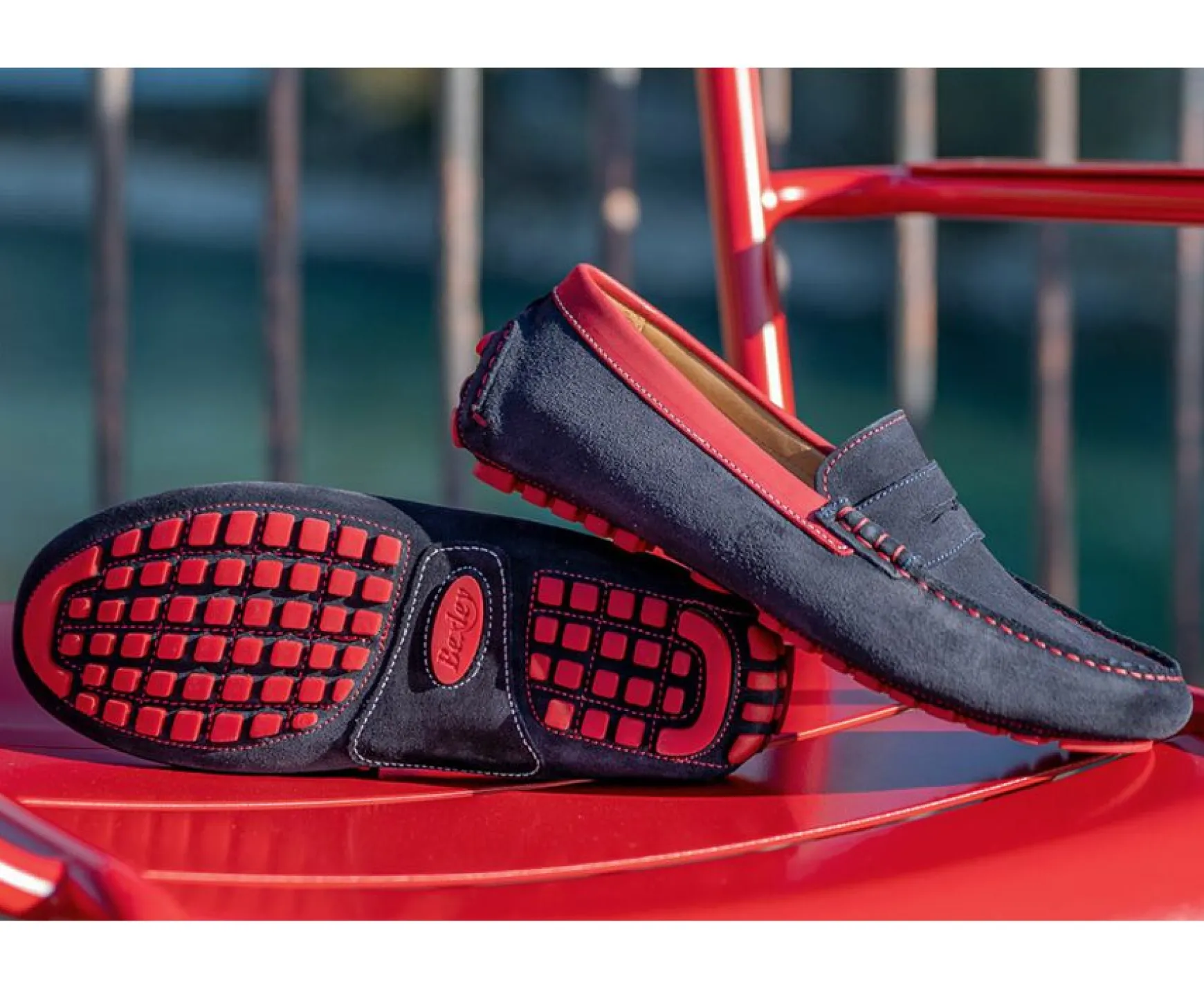 Bexley Moccasins | Men'S Driving Moccasins Ferguson Navy Suede And Red Leather