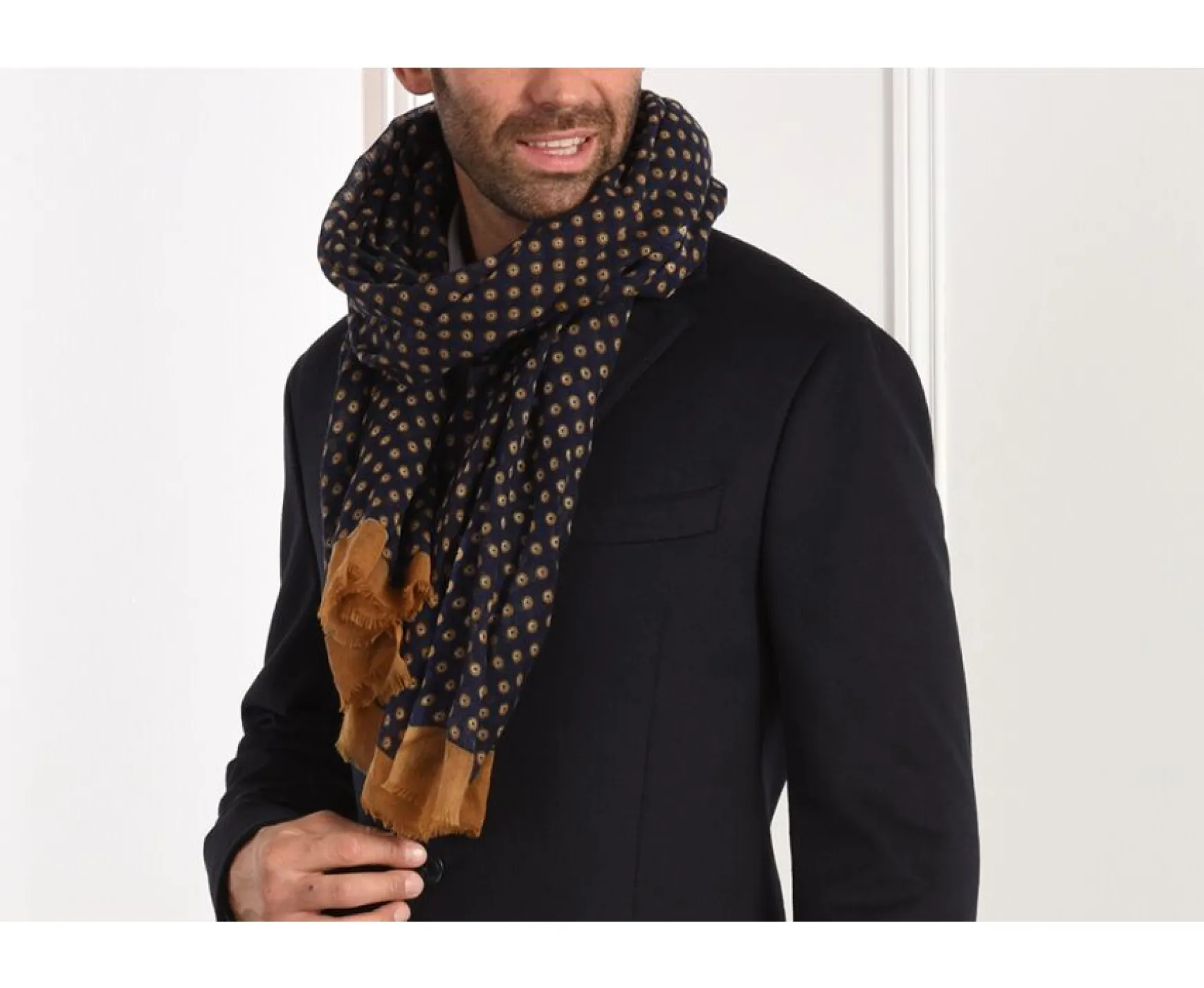 Bexley | Navy And Tawny Wool Scarf Navy And Camel Pattern