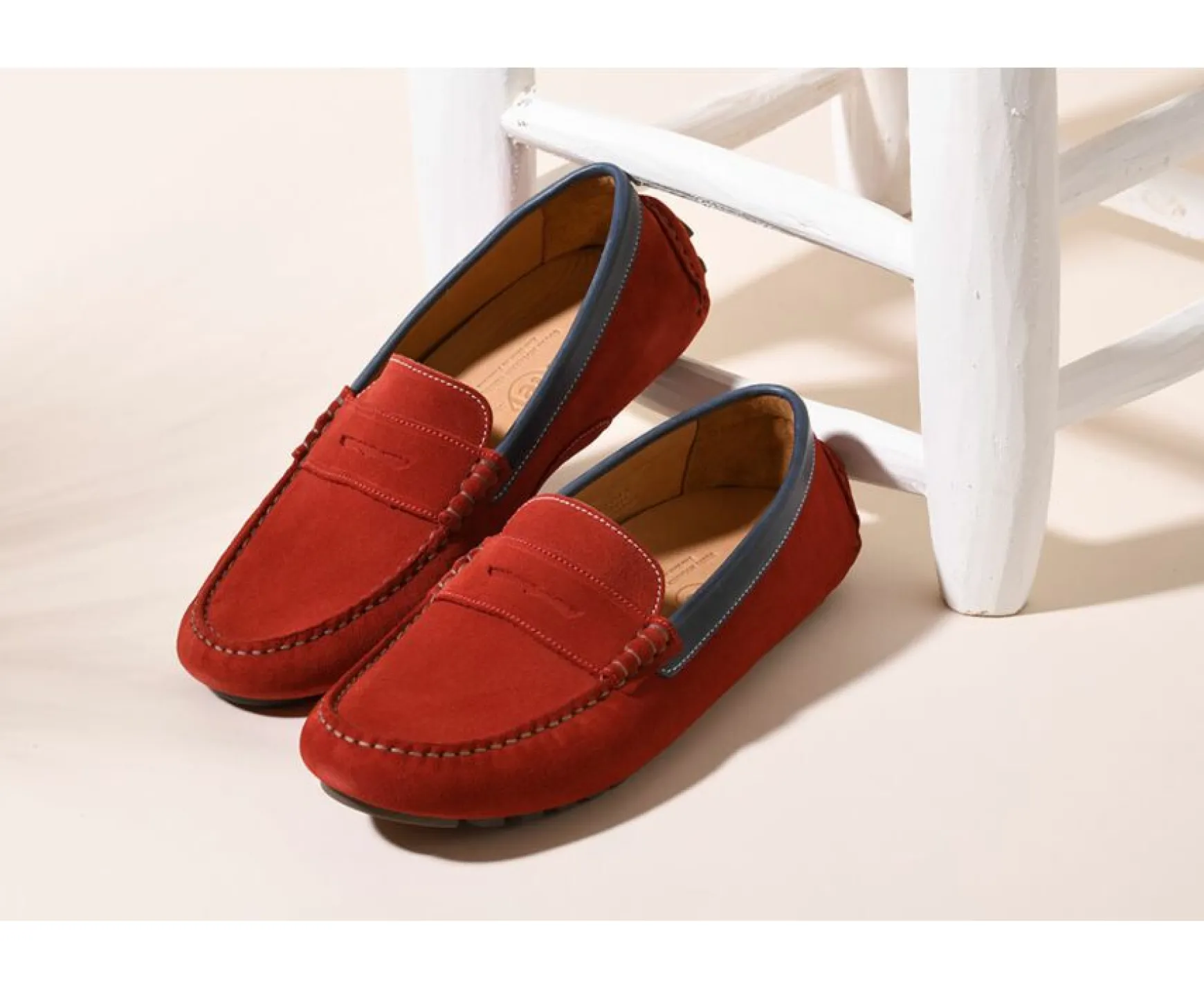 Bexley Moccasins | Red Suede And Navy Leather Men'S Driving Moccasins Ferguson Velvet Red Suede And Navy Leather