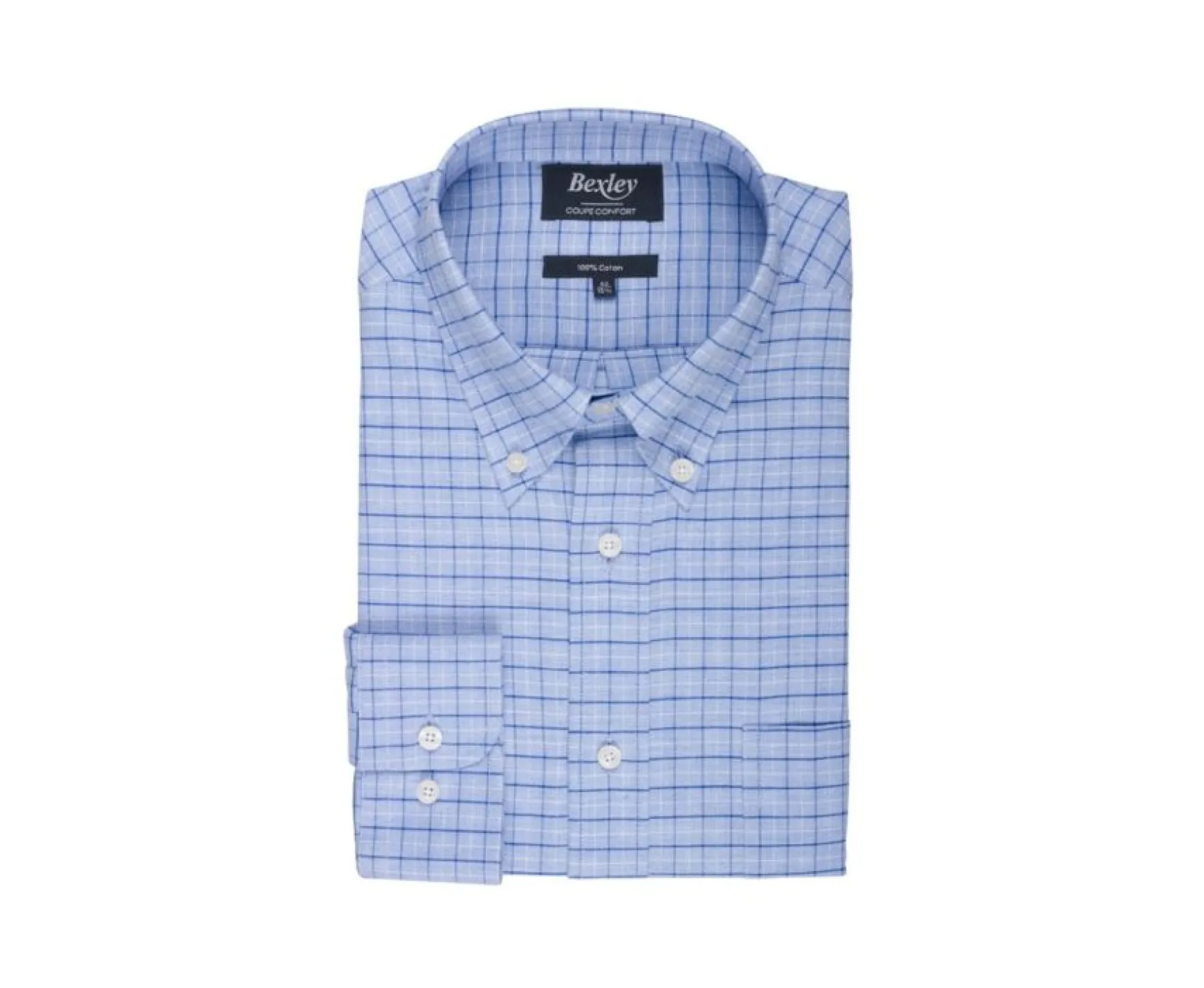 Bexley | Soft Blue Twill Shirt With Checks - Chest Pocket Benetth Soft Blue & Blue