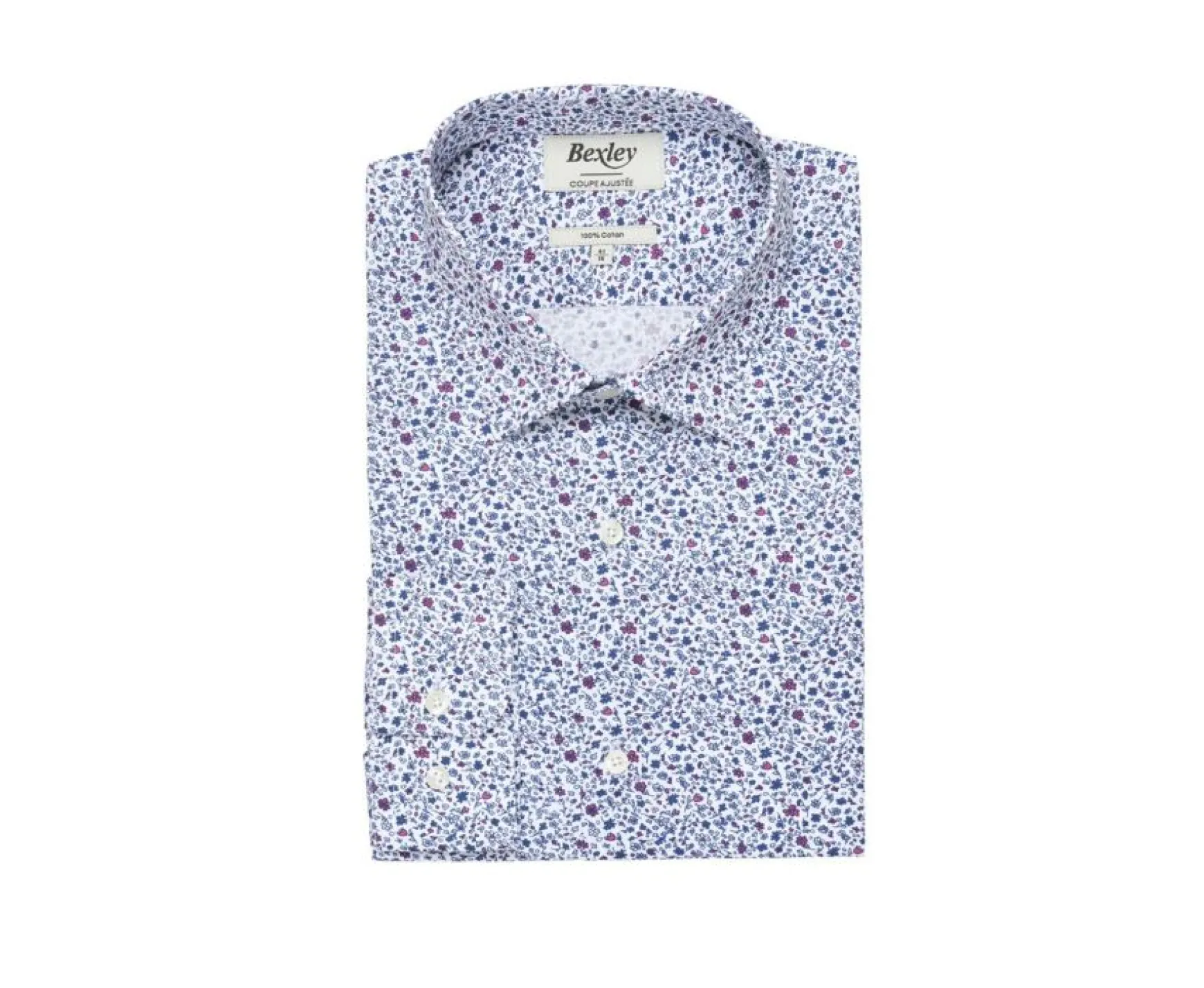 Bexley | White Cotton Shirt Printed Flowers Theobert Blue And Pink