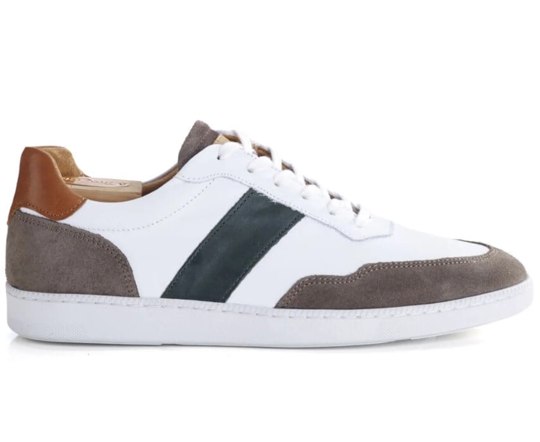 Bexley Trainers & Sneakers | White Taupe And Green Men'S Leather Trainers - Berringa | Cuir Blanc Taupe Et Vert