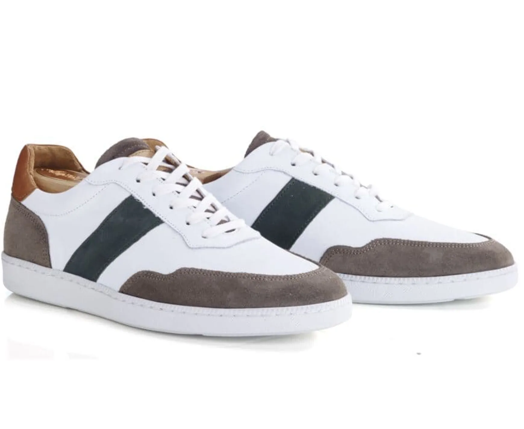 Bexley Trainers & Sneakers | White Taupe And Green Men'S Leather Trainers - Berringa | Cuir Blanc Taupe Et Vert
