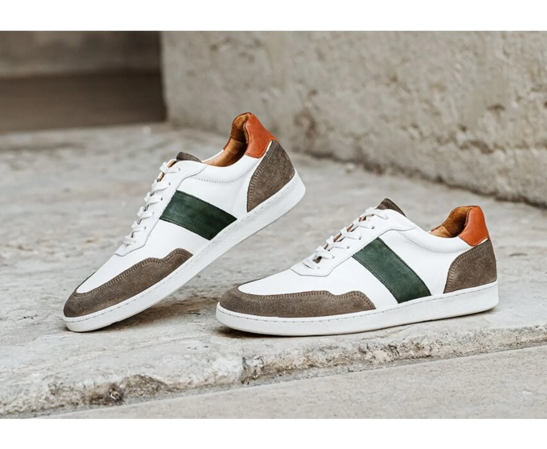 Bexley Trainers & Sneakers | White Taupe And Green Men'S Leather Trainers - Berringa | Cuir Blanc Taupe Et Vert